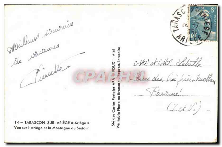 Tarascon-sur-Ariège — Vue sur l'Ariège et la Montagne du Sedour — Sté des Cartes Postales APA POUX — Albi — Reverso