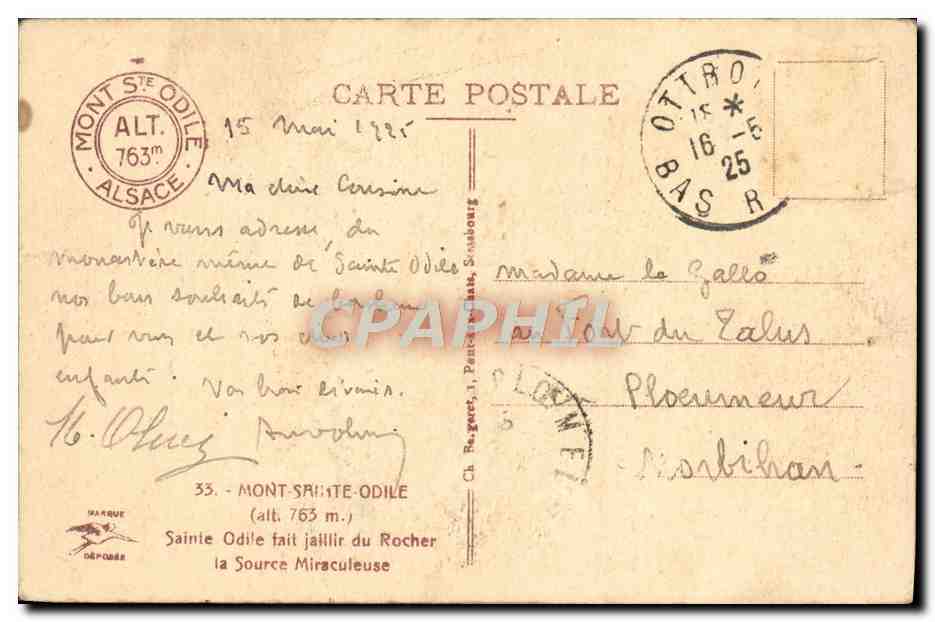 CPA Mont Sainte Odile Sainte Odile Fait Jaillir Du Rocher La Source Miraculeuse — Verso