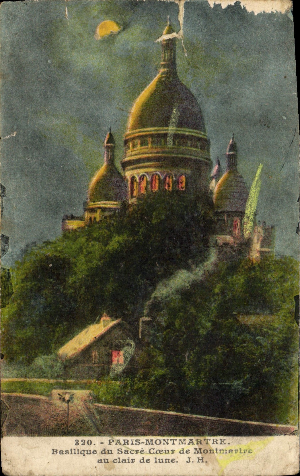Antieke ansichtkaart Parijs Montmartre Basiliek van het Heilig Hart van Montmartre bij maanlicht