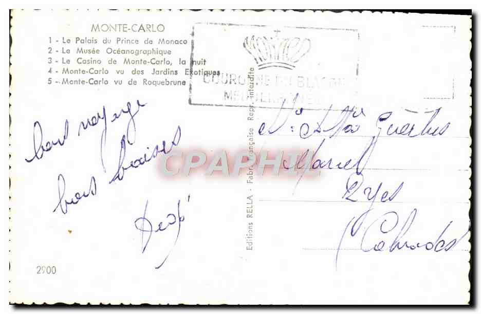 CPM Souvenir De Monte Carlo Palais du prince Musee  — Rückseite