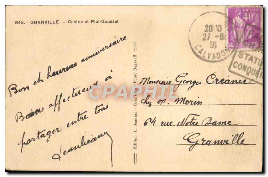CPA Granville Casino et Plat Gousset — Verso