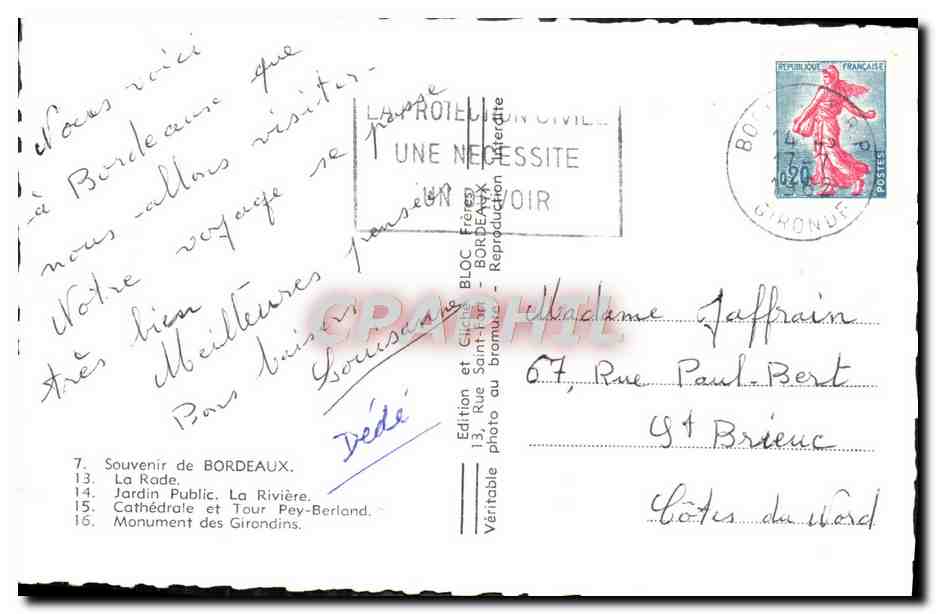 CPM Souvenir de Bordeaux La Rade Bateau Jardin public Pey Berland Girondins — Verso
