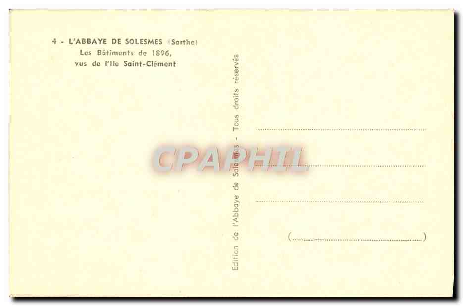 L'Abbaye de Solesmes (Sarthe) — Les Bâtiments de 1896, vus de l'Île Saint-Clément — Édition de l'Abbaye de Solesmes — Rückseite