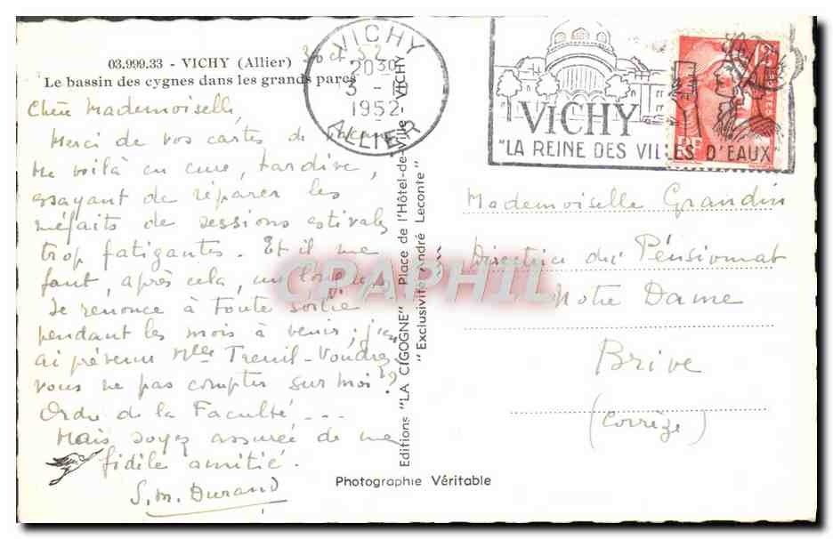 CPM Vichy Bassin des Eygnes Dans les Grandes Parcs — Verso