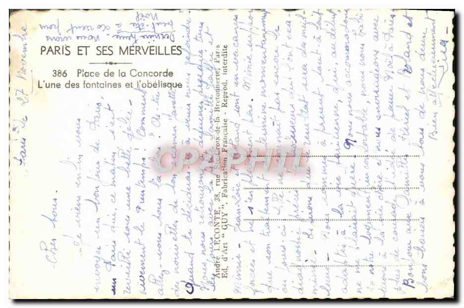 CPA Paris Et Ses Merveilles Place de la Concorde Obelisque — Rückseite