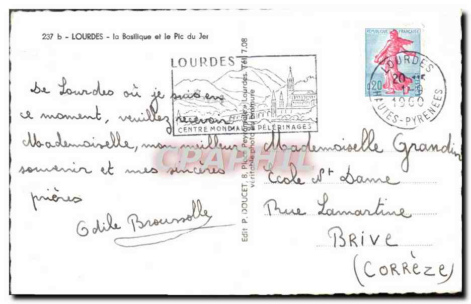 CPM Lourdes La Basilique et le Plc du Jer — Verso