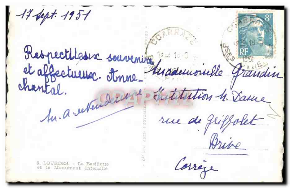 CPM Lourdes La Basilique et le Monument Interallie — Verso