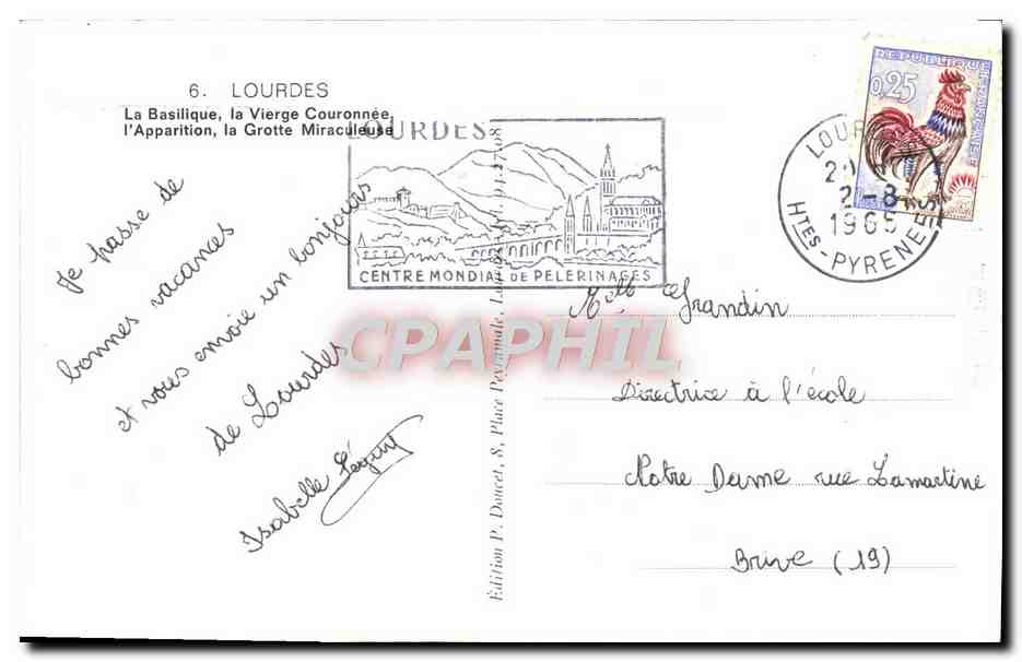CPM Lourdes La basilique La vierge couronnee l'apparition la grotte miraculeuse — Verso