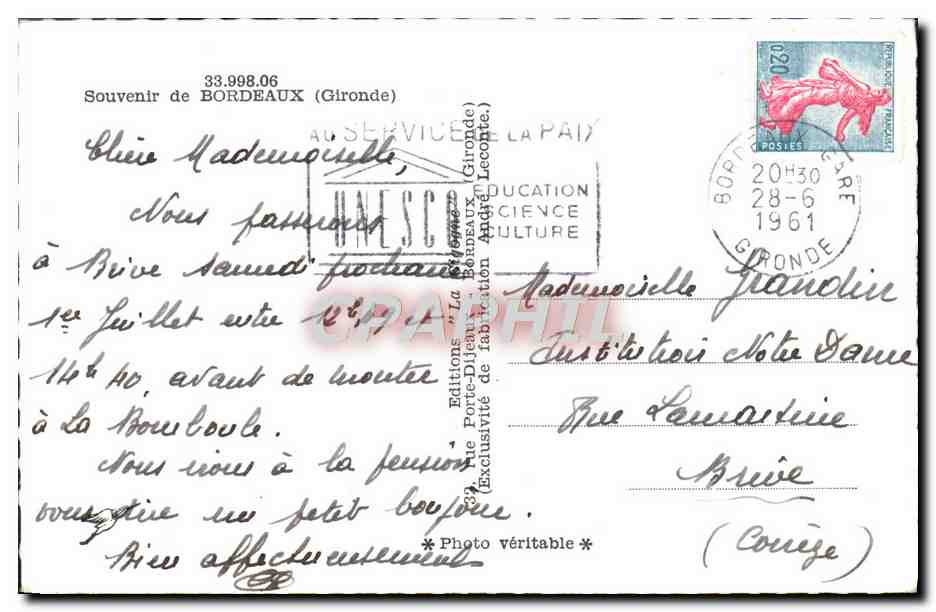 CPM Bordeaux Souvenir — Verso