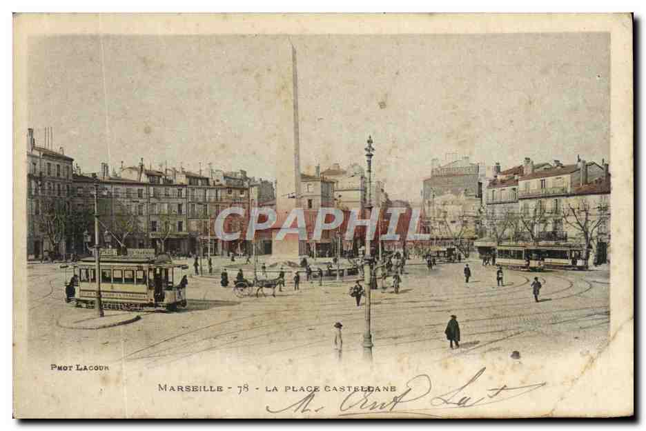 Tarjeta postal antigua Marsella Plaza Castellane Tranvía