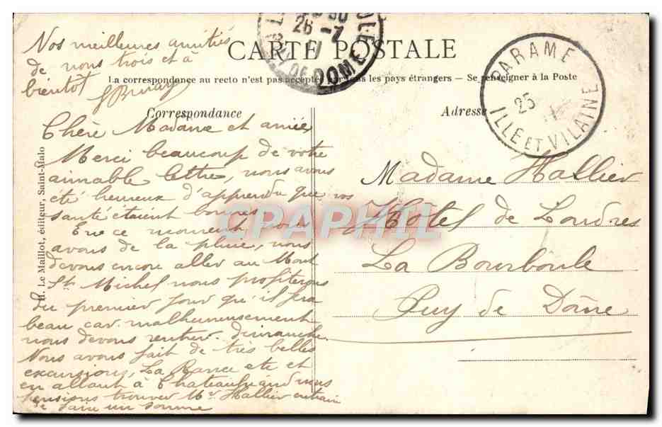 Saint-Malo - Le Tombeau de Chateaubriand — Côte d'Émeraude, éditeur HLM, n°184 — Verso