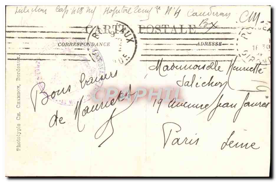 CPA Bordeaux Place Bourgogne Attelage Chevaux — Verso