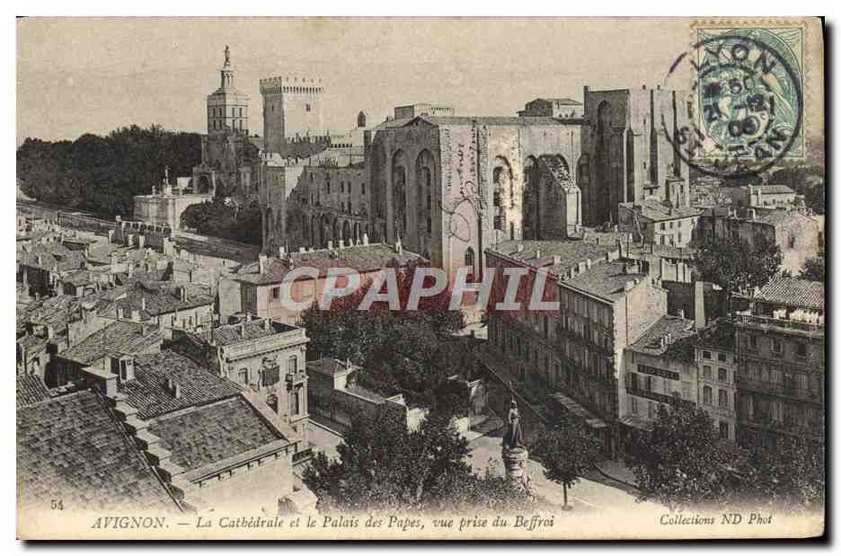 CPA Avignon La Cathedrale Et Le Palais Des Papes Vue Prise Du Beffroi
