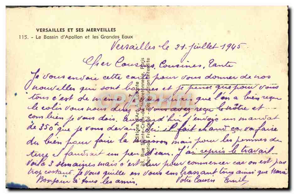 CPA Versailles Et Ses Merveilles Le Bassin d'Apollon Et Les Grandes Eaux — Verso