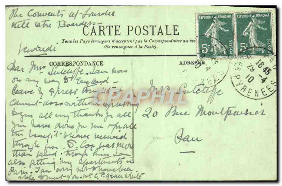 CPA Lourdes Avenue Peyramale — Verso