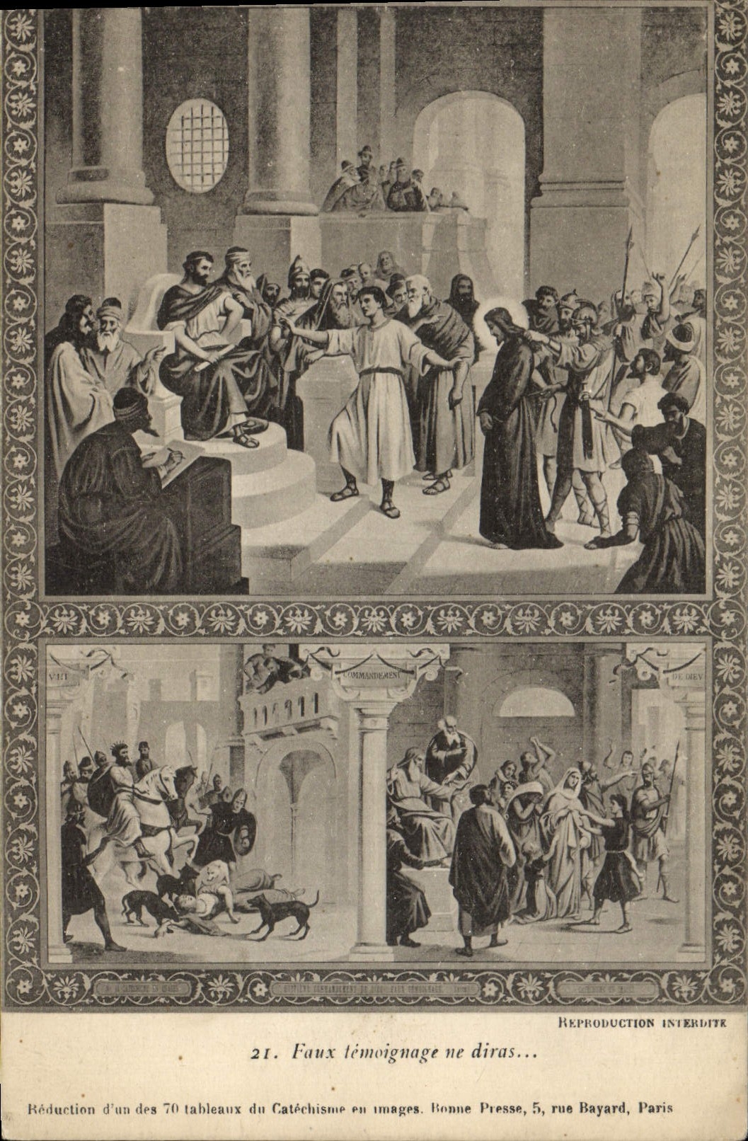 Faux témoignage ne diras... — Réduction d'un des 70 tableaux du Catéchisme — Bonne Presse, 5, rue Bayard, Paris