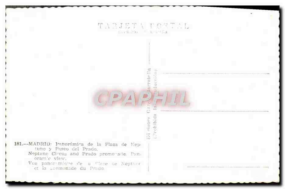 Madrid — Vue panoramique de la Plaza de Neptuno et du Paseo del Prado — Éditions García-Harrubella, n° 181 — Rückseite