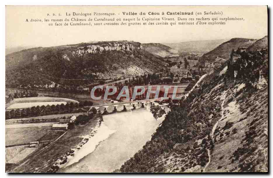Vallée du Céou à Castelnau (en Sarladais) — Ruines du château et grottes — Phot. P. Daudret-Arlat