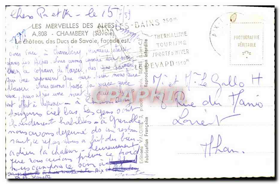 Chambéry — Le château des Ducs de Savoie — Éditions Valord, n° A.808 — Rückseite