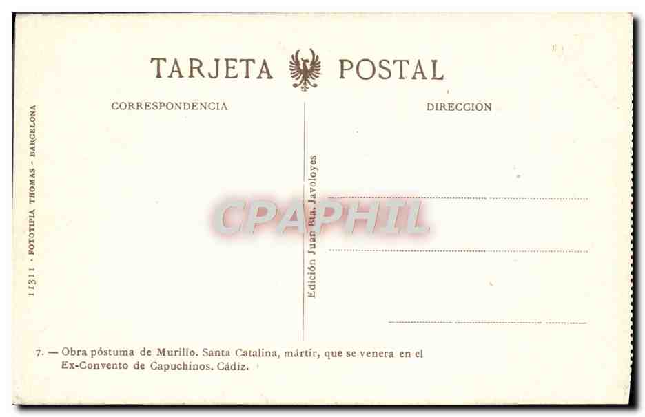 CPA Obra Postuma De Murillo Santa Catalina Martir Que Se Venera En el Ex Convento De Capuchinos Cadiz — Verso