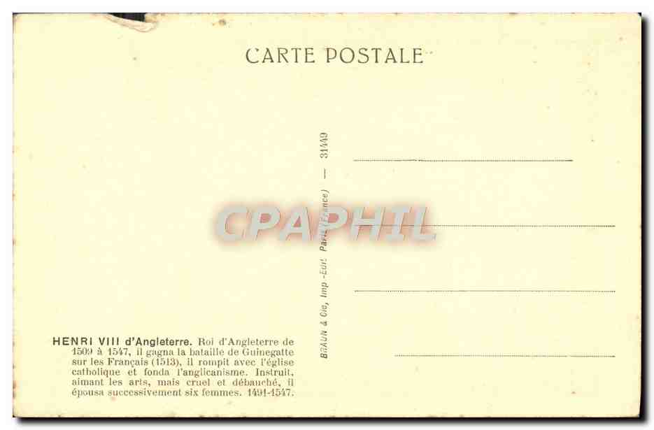 Henri VIII d'Angleterre — (1491-1547) — BRAUN & Cie, Imp.-Eur. (France) — n° 31149 — Reverso