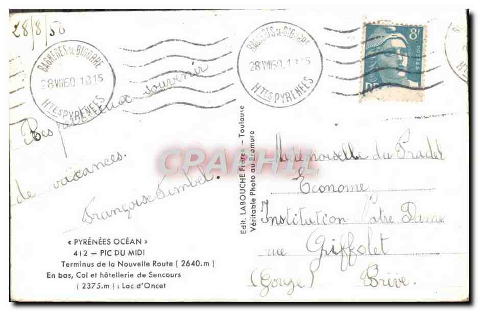 Vue du Pic du Midi — Col de Sencours — Éd. LABOUCHE Frères, n° 412 — Reverso