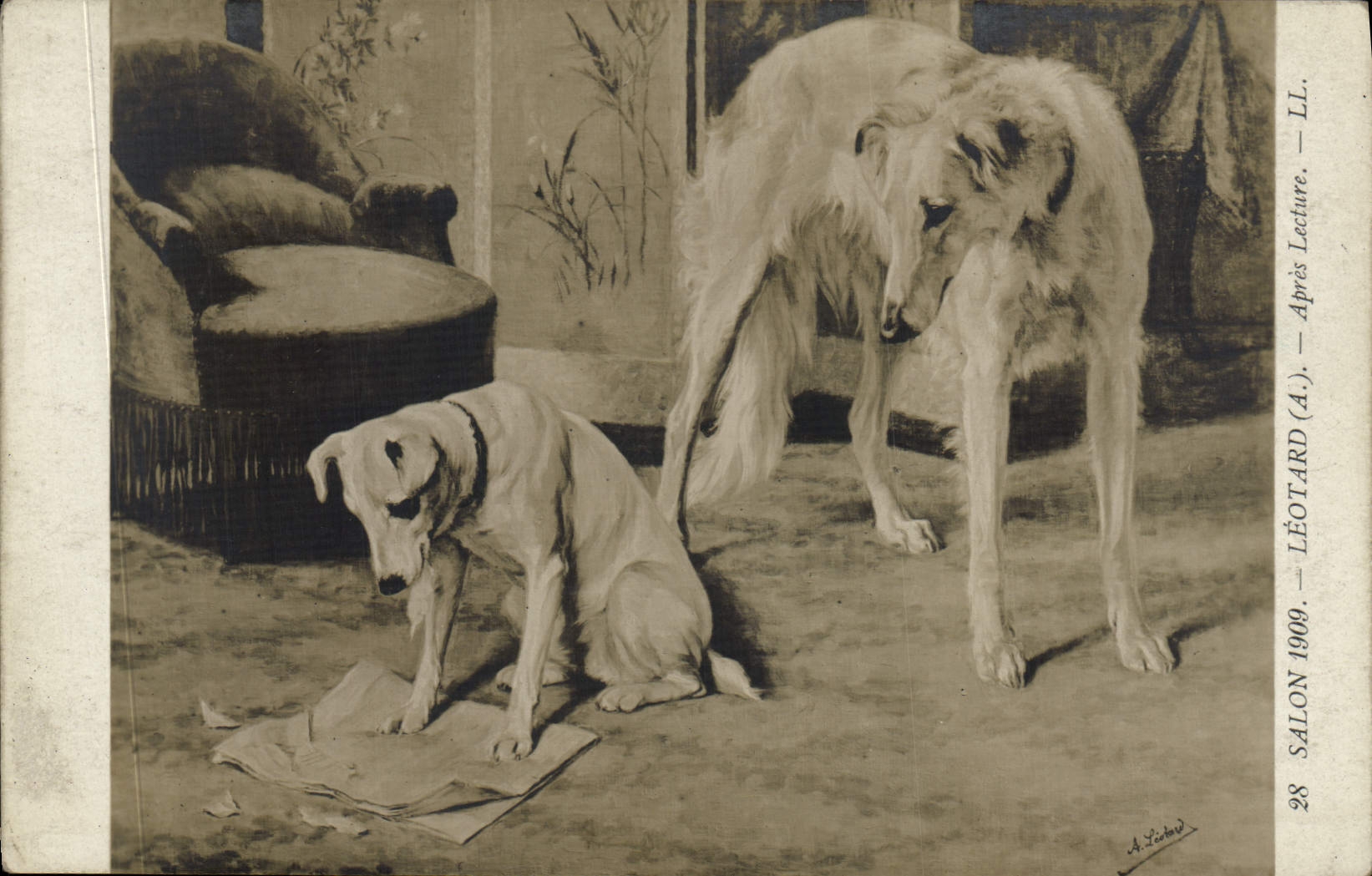CPA Salon 1909 Leotard Apres Lecture Chien Chiens 