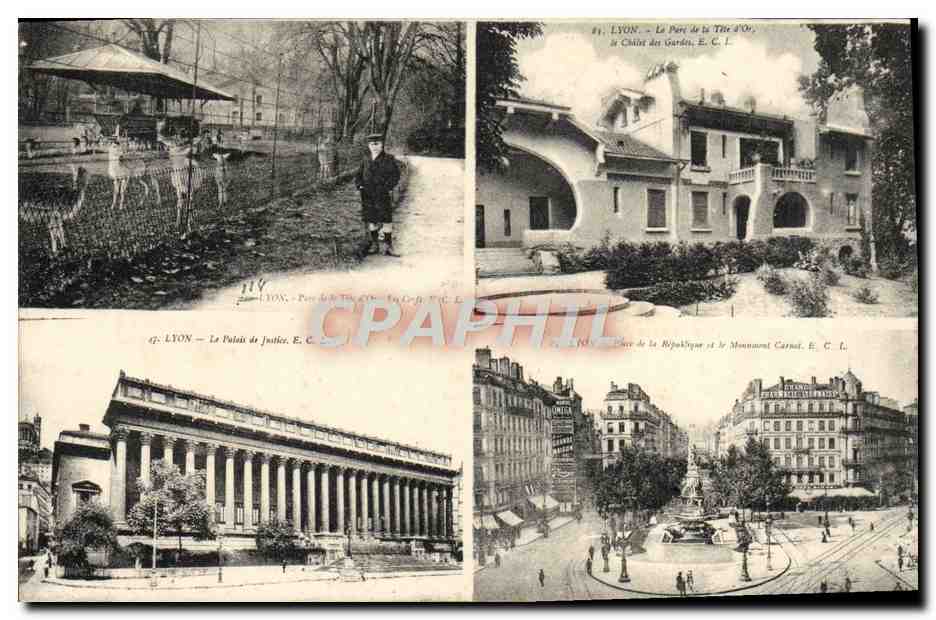 LYON — Quatre vues : Le Parc de la Tête d'Or, la Chaise des Gardes, le Palais de Justice, la Place de la République et le Monument Carnot — E. C. L.