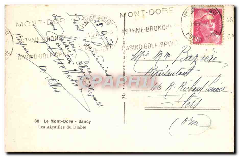 Tarjeta postal moderna El Monte Dore Sancy Las Aguillas del Diablo — Reverso