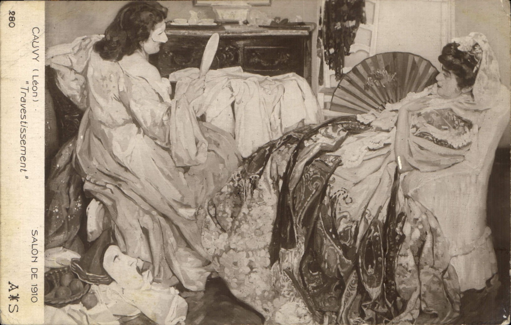 CPA Cauvy Salon Travestissement Salon 1910 Eventail