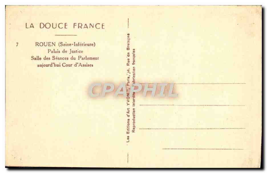 CPA La Douce France Rouen Palais De Justice Salle Des Seances Du Parlement — Verso