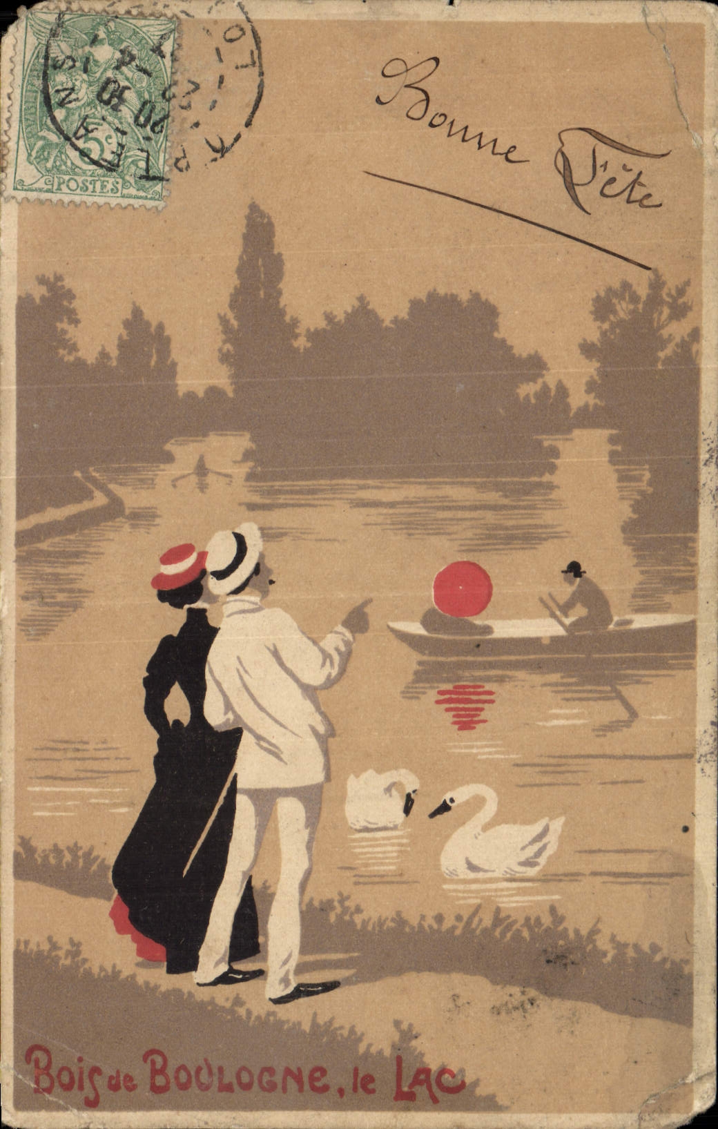 Cartolina d'epoca Parco di Boulogne Il Lago Cigni
