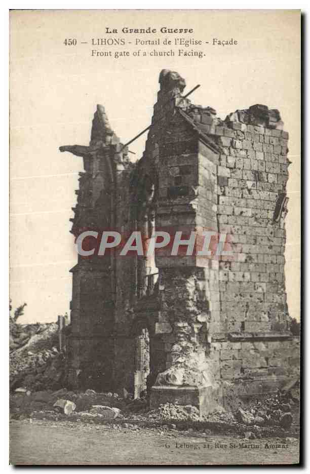 Lihons - Portail de l'Église - Façade — Ruines de la Grande Guerre — G. Lelong, 21 Rue St-Martin, Amiens