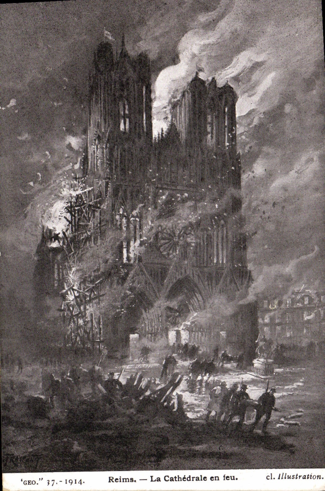 CPA Reims La Cathedrale En feu Militaria 