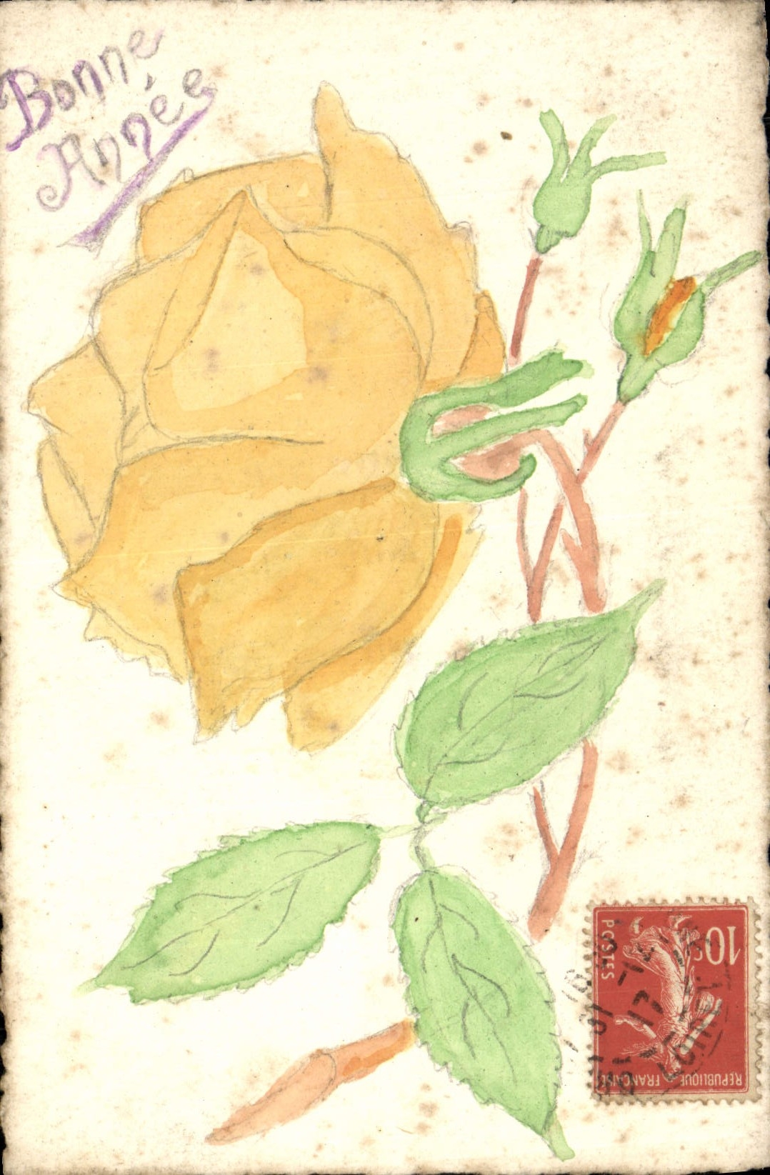 CPA Bonne Annee Fleurs (dessin a la main)