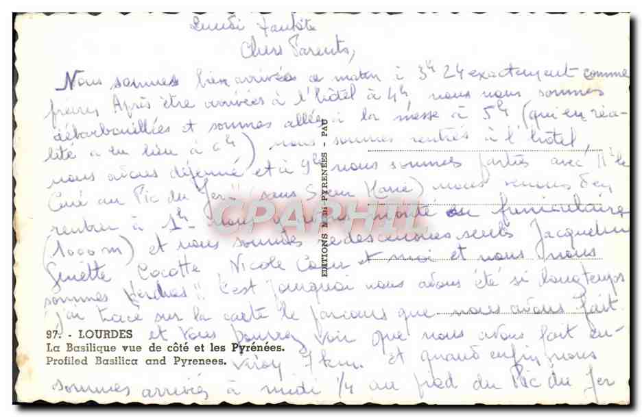 CPM Lourdes La Basilique Vue De Cote Et Les Pyrenees  — Verso