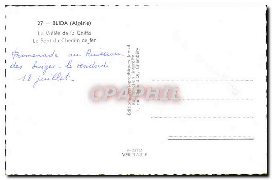 CPM Blida La Vallee De La Chiffa Le Pont Du Chemin De Fer — Rückseite