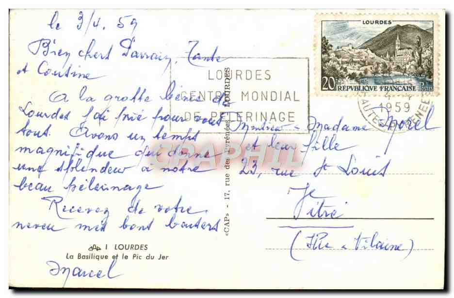 CPM Lourdes La Basilique Et Le Pic Du Jer — Verso
