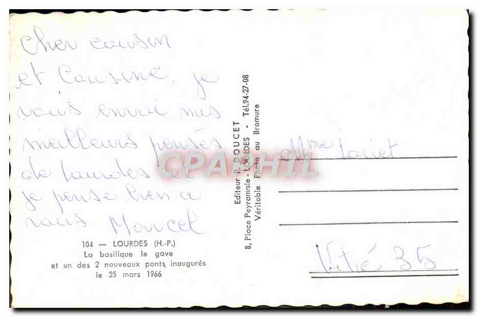 CPM Lourdes La Basilique le Gave — Verso
