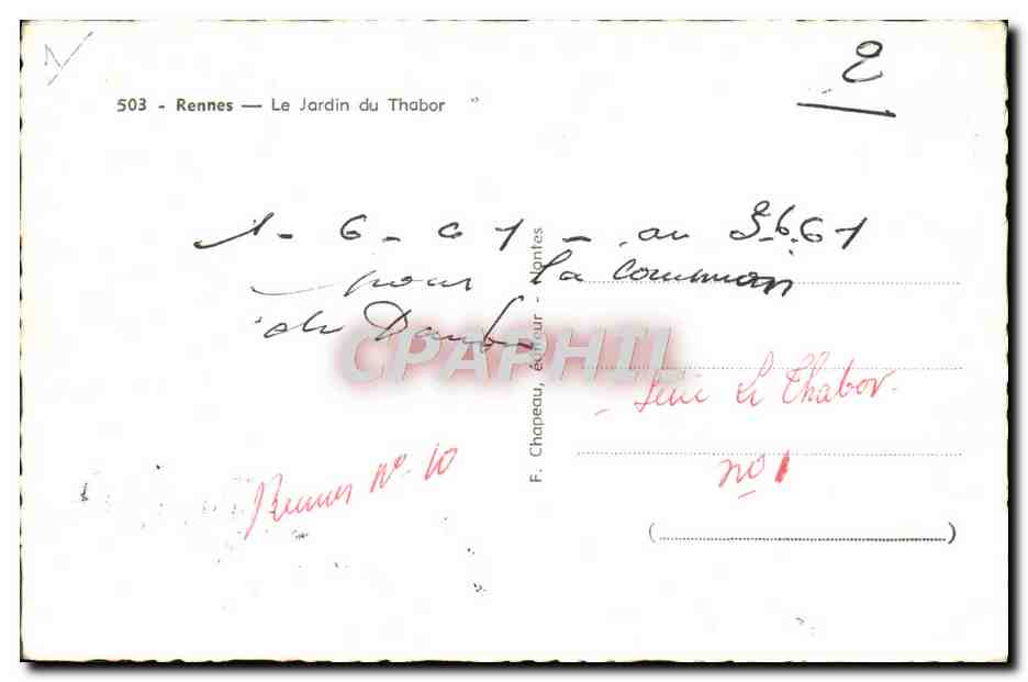 Rennes-le-Thabor — Jardin du Thabor — F. Chapeau, éditeur, Montes — Rückseite