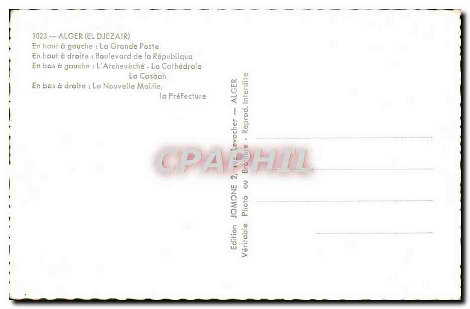 CPM Alger Souvenir La grande Poste Boulevard de la Republique Archeveche Cathedrale Casbah  — Rückseite