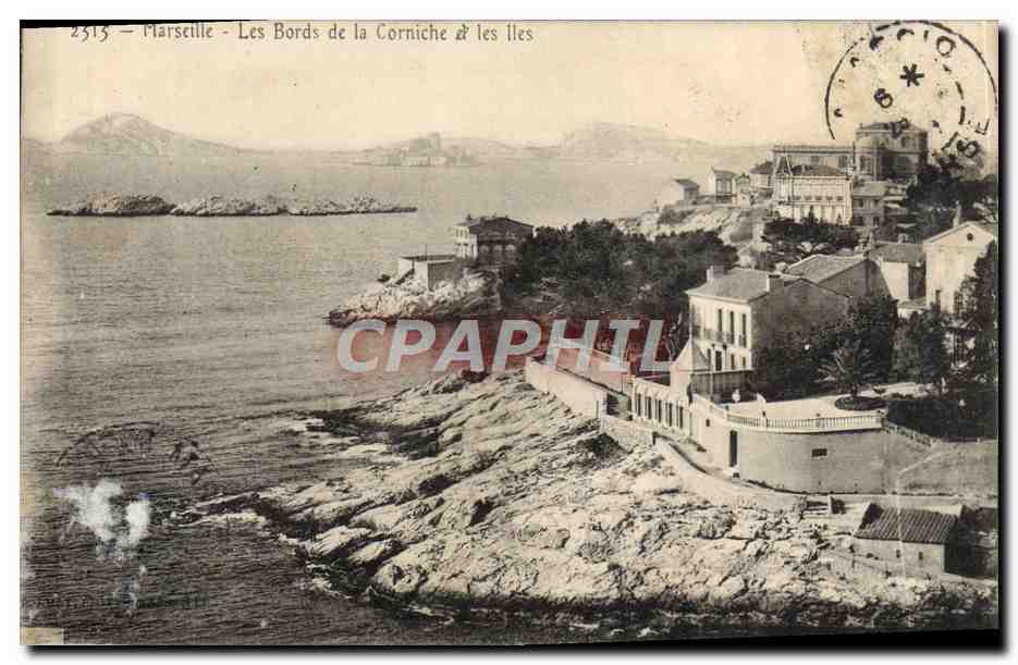 Tarjeta postal antigua Marsella Los Bordes de la Corniche y las Islas