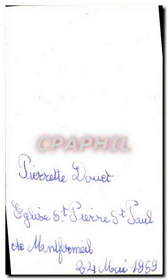 Image pieuse Pïerrette Douet Eglise St Pierre de Paul Montfermeil 24 mai 1959 — Rückseite