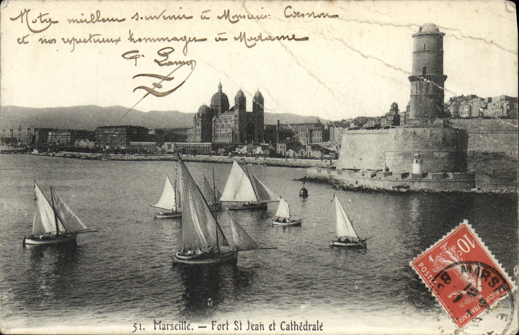 Tarjeta postal antigua Marsella Fuerte de San Juan y Catedral con Barcos