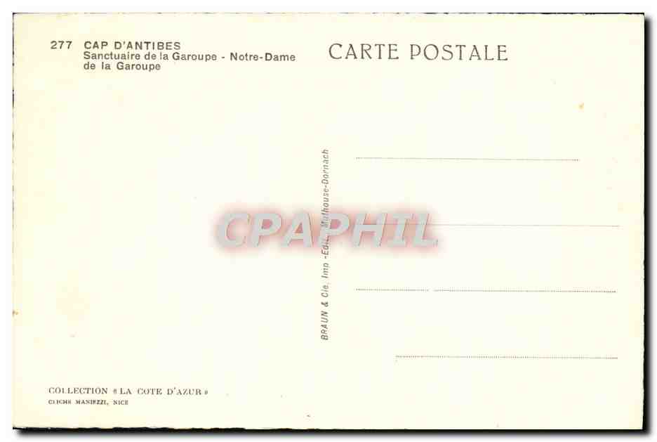Notre-Dame de la Garoupe — Sanctuaire de la Garoupe — éditeur BRAUN & Cie, Imp. Dornach — Verso