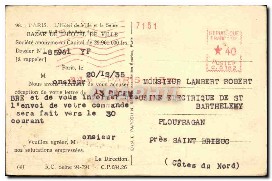 CPA Paris Hotel de ville et la Seine Bateau Peniche  — Rückseite