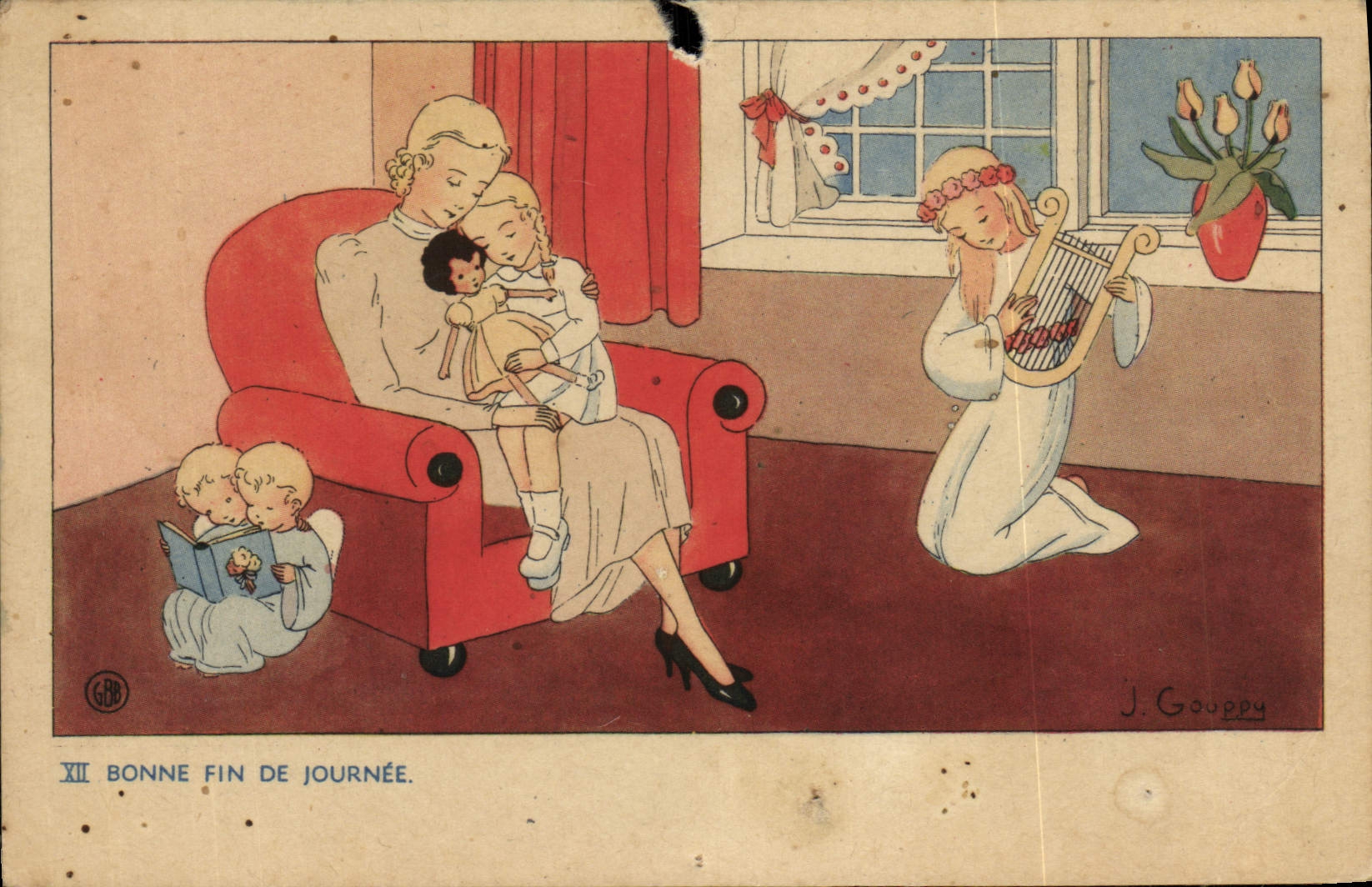 CPA Bonne Fin De Journee Enfants Harpe