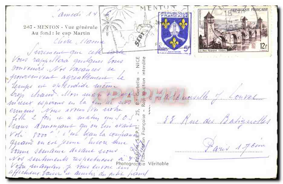 CPM Menton Vue Generale Au fond le Cap Martin — Verso