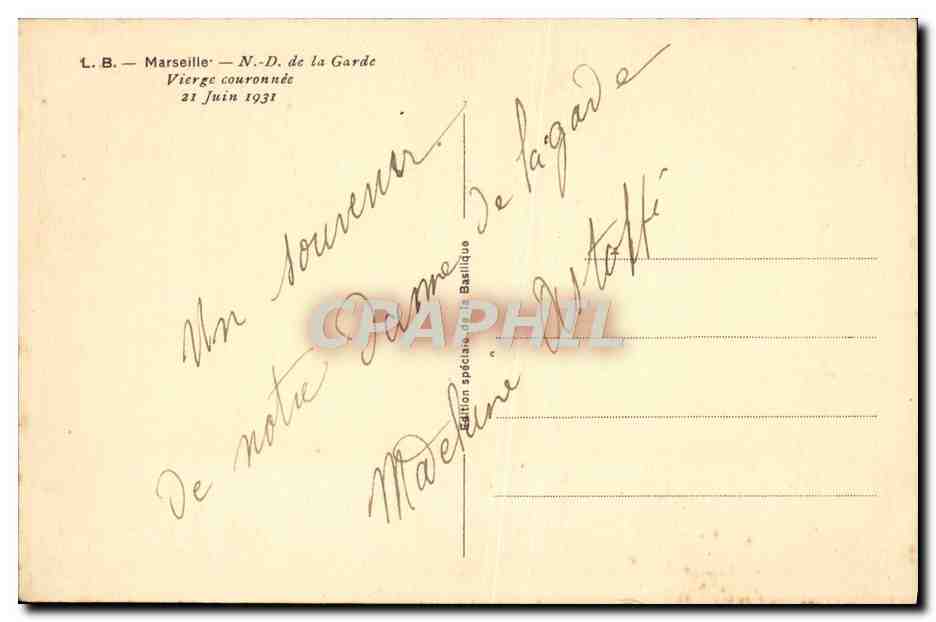 CPA Marseille ND de la Garde Vierge couronnee 21 juin 1931 — Verso