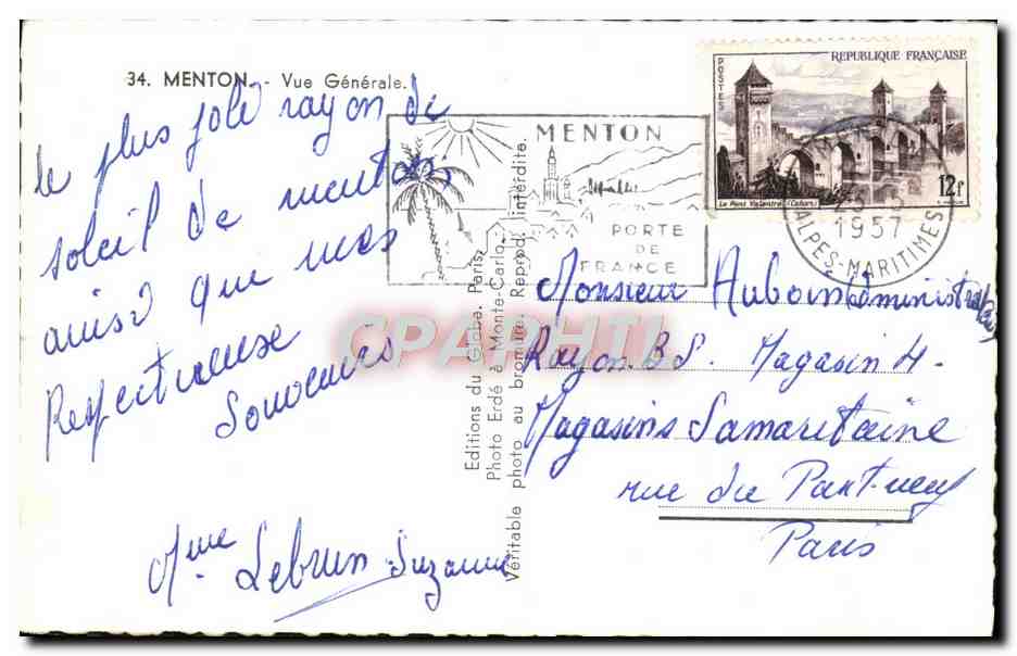 CPM Menton Vue Generale — Rückseite